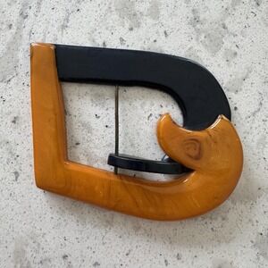 Vintage Molded Plastic Belt Buckle Scarf Clip Butterscotch And Black, Metal Bar